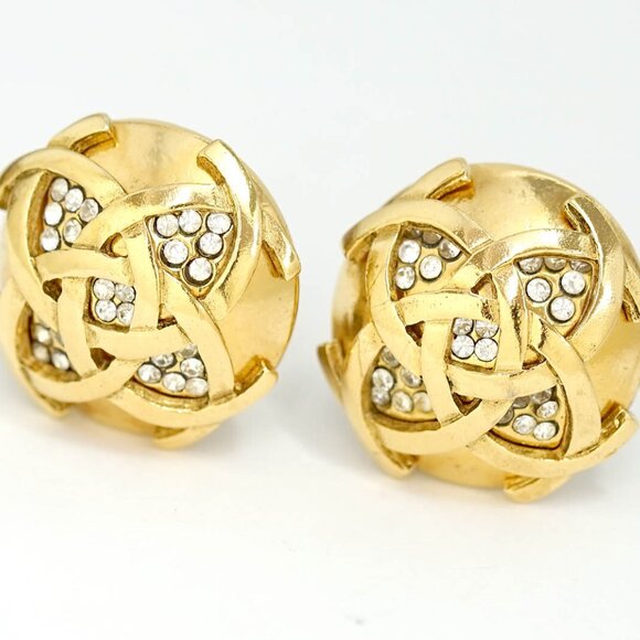 CHANEL CC Logos Rhinestone Round Clip-On Earrings Gold Tone 23 Auth w/Box q11447 - Picture 10 of 16